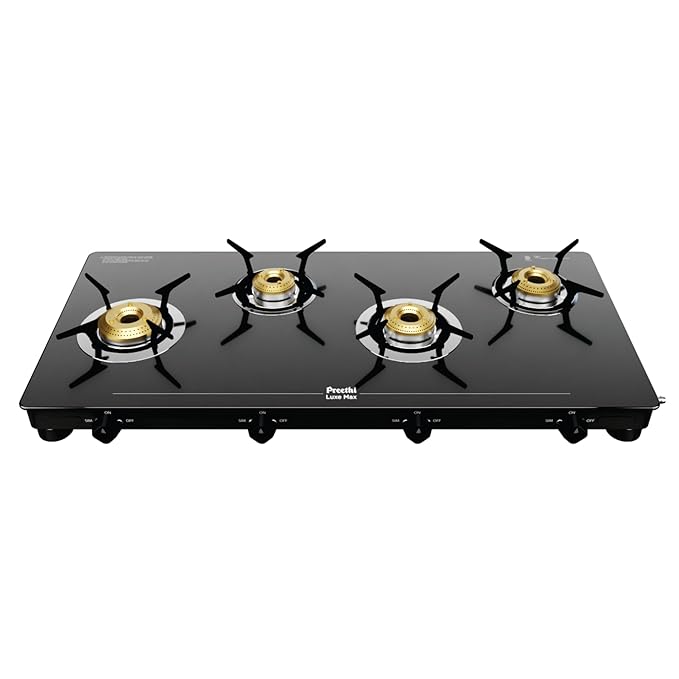 Preethi Luxe Max 4 Burner Glass Top Gas Stove With Driptray Less Infinity Design, With Jumbo Burner